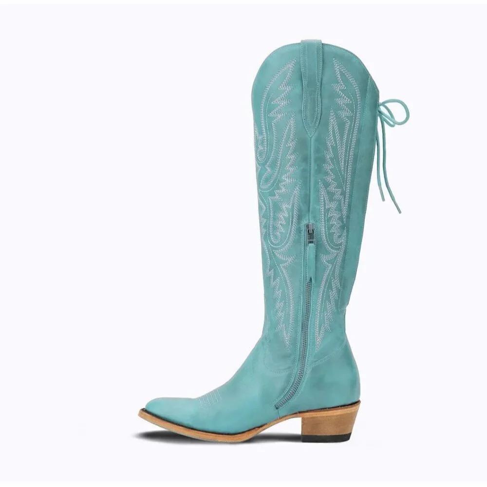 Women Turquoise Polyurethane Over the Knee Adjustable Thigh High Cowgirl Boot